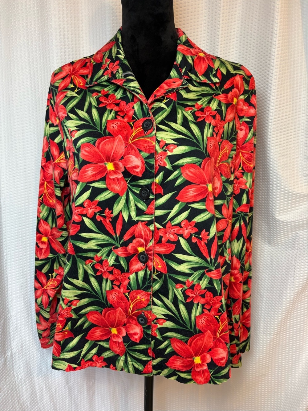 Easy Spirit Floral V-neck Shirt Jacket Vibrant Tropical Cotton Blend Size M